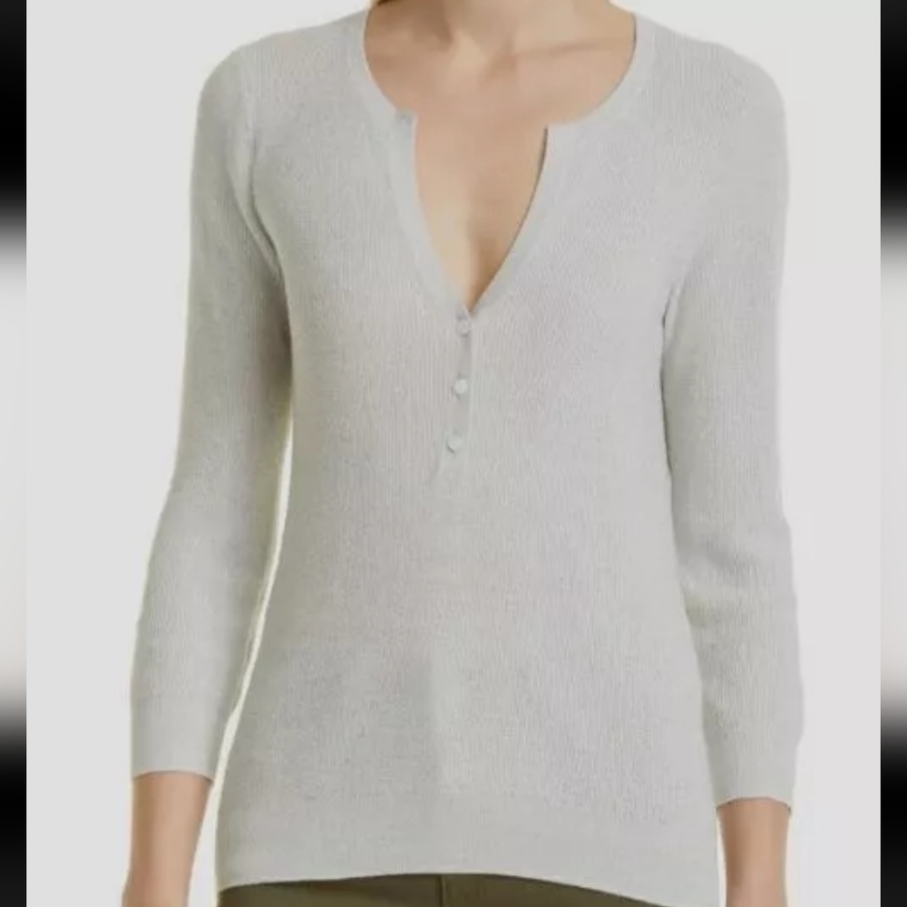 L'agence Henley Grey w/Silver Flecks Long Sleeve V-neck Button Sweater - Medium